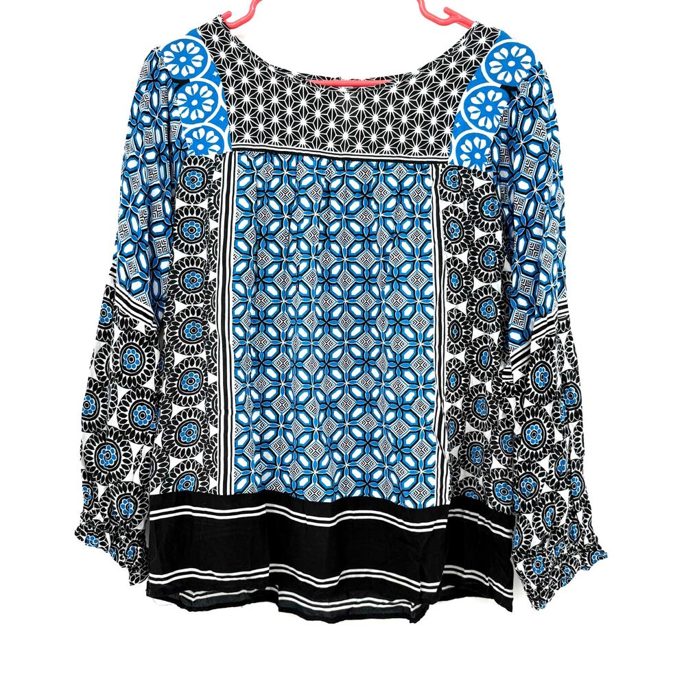 Loft Size Small Long Sleeve Blouse Top Shirt Blue Black White Pattern Design